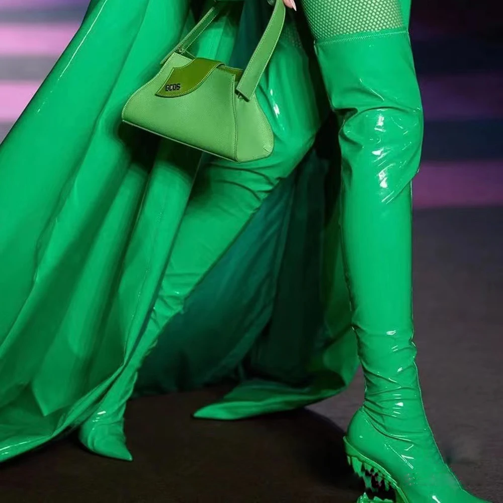 Lacquer Leather Special-Shaped High Heel Giant Teeth Tiger Heels Pointed Over-The-Knee Boots Large Women's Shoes Fashion Boots