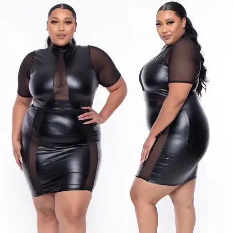Oversize Women's Summer New Product Polyester Mesh Splice Fashion Sexy Dress PU Slim Fit Trend 2023 Solid Color Spring Africa
