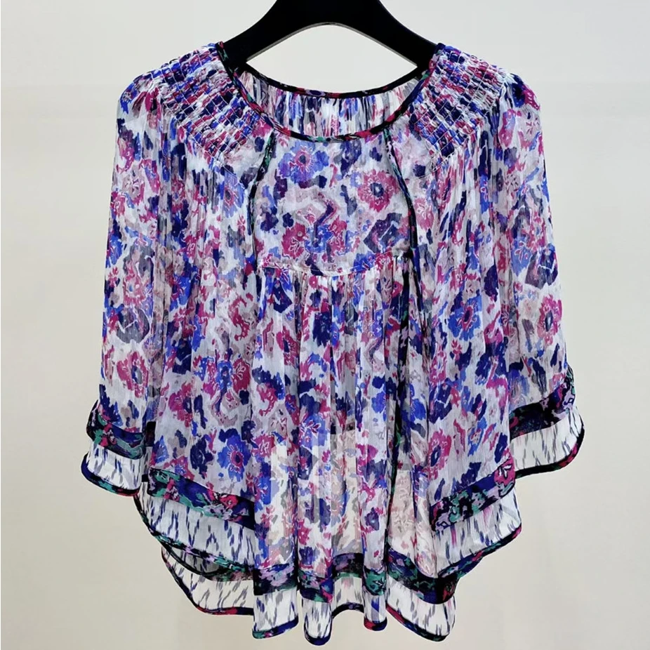 

Abstract Print Women Micro Perspective Viscose Blouse Lace-Up Chemise o-Neck Loose fashion Female Short Sun Protection Shirt