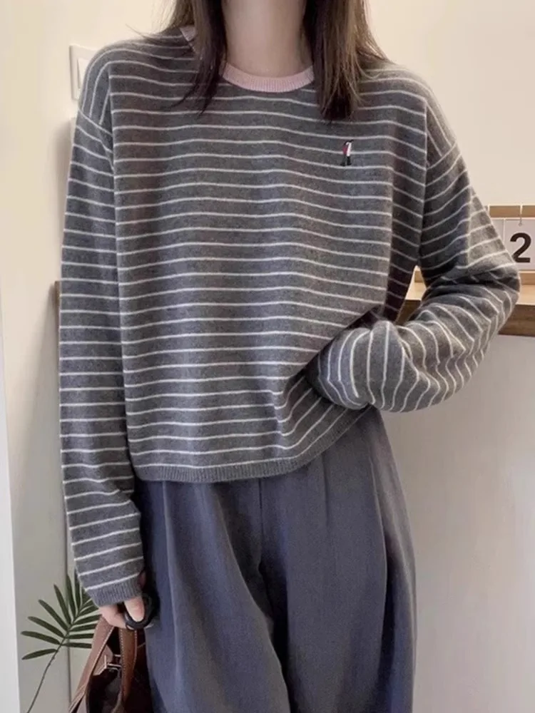 Осенне-зимняя удобная и универсальная рубашка в полоску с круглым вырезом