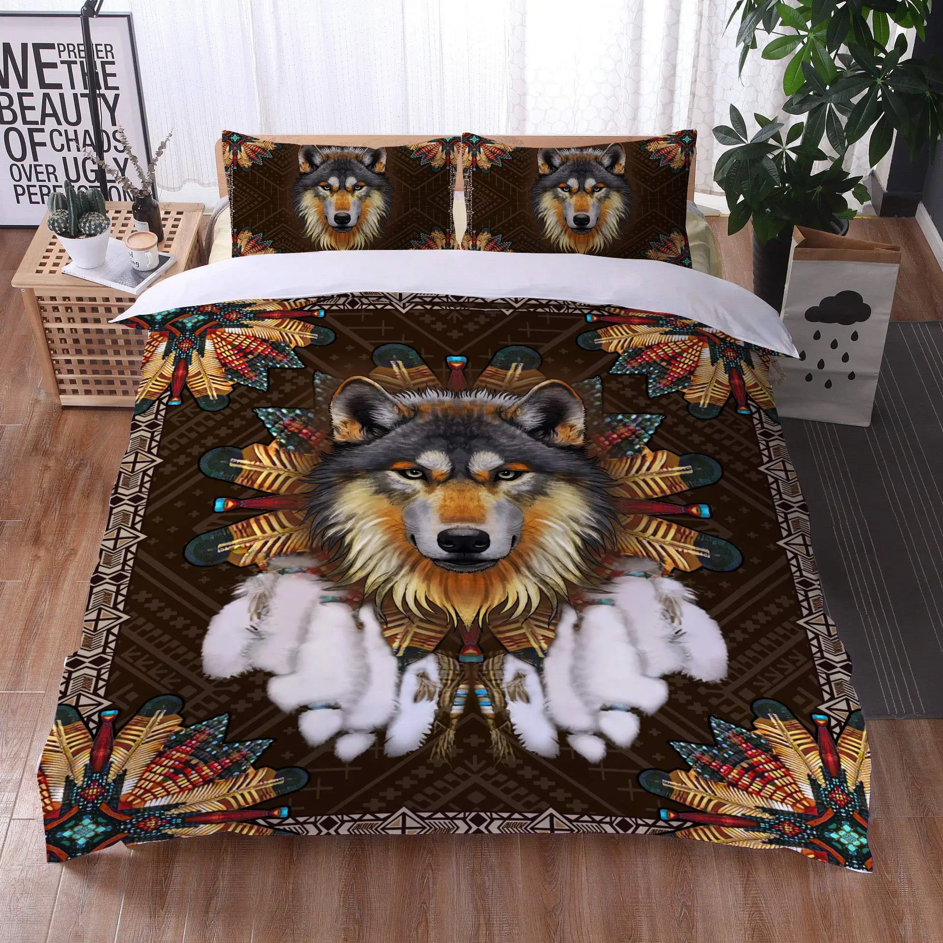 

Cool Wolf Duvet Cover Queen Size Boho Wolf Bedding Set for Kid Man Women Modern Wildlife Animal Galaxy Dream Catcher Moon Decor
