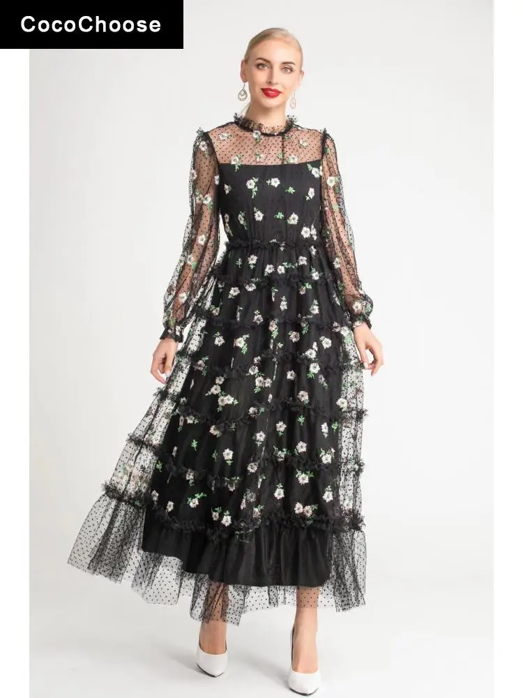 

Runway Fashion Women Maxi Dress Spring Summer 2022 Ruffles Evening Flower Luxury Embroidery Mesh Tulle Party Dresses Black White