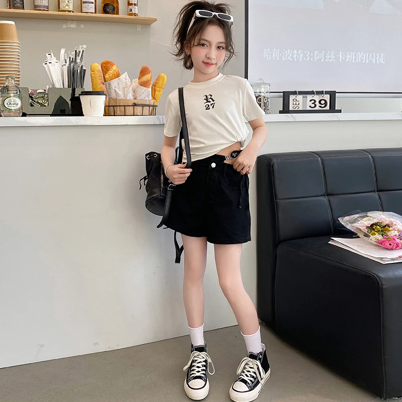 Новинка детский летний комплект для девочек Повседневная футболка с буквенным