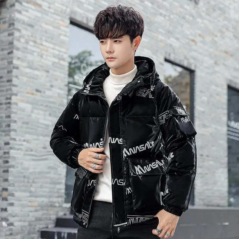 

2021 bright surface thickened down jacket men's short hooded cold warm warm clothes quality free white duck velvet jacket