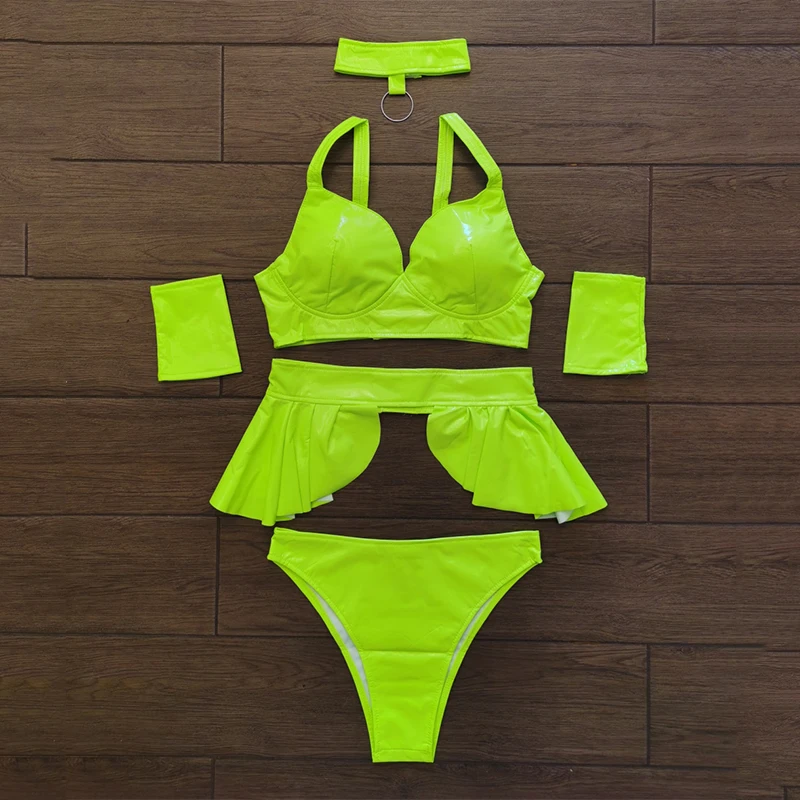 Сексуальный танцевальный костюм Gogo флуоресцентный зеленый розовый бикини