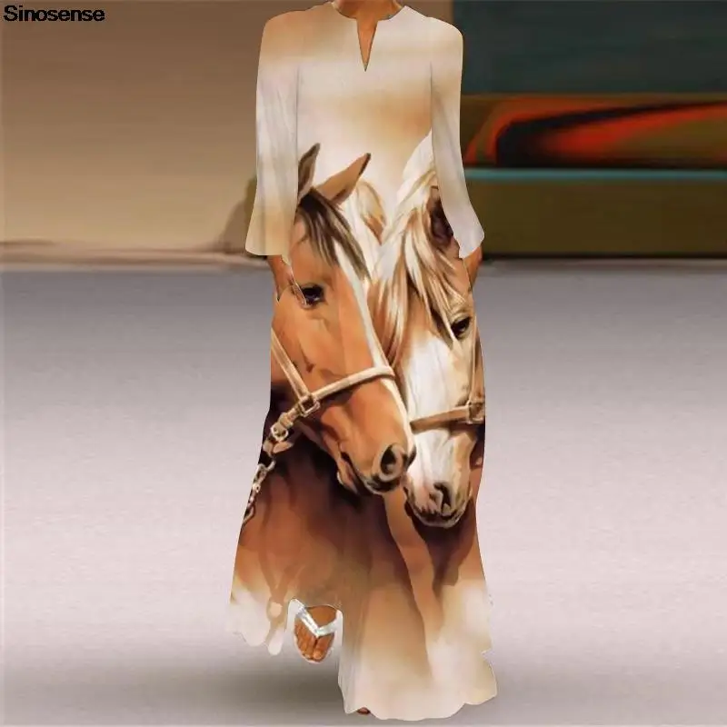 

Женское длинное платье с принтом лошадей, повседневная весенне-осенняя одежда в стиле бохо, пикантное свободное пляжное праздничное Макси-платье А-силуэта с V-образным вырезом и длинным рукавом, 5XL