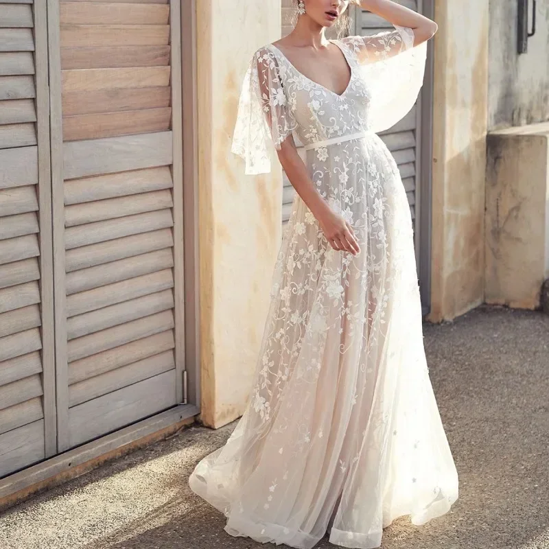 

SOILFOIL 2023 autumn new wedding dress sexy lace V-neck backless women white dress birthday dress for women
