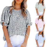 2022 summer new womens fashion casual tops printed puff sleeves pullovers round neck short sleeve shirts