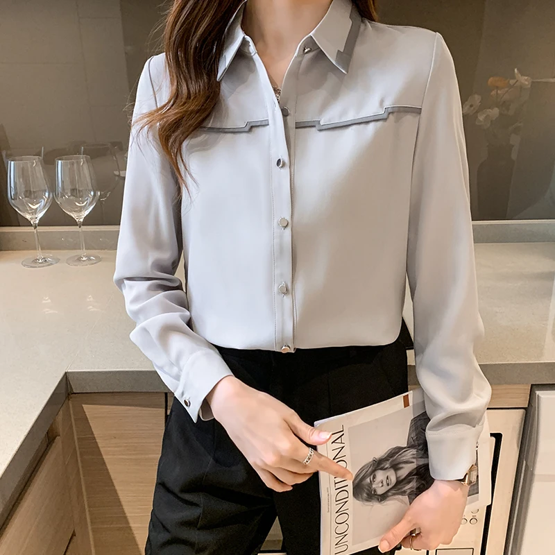 

Summer New Women's Blouses Polo Shirt Long Sleeve Tops Solid Color Blouse Chiffon Stitching Casual Fashion Loose Lady