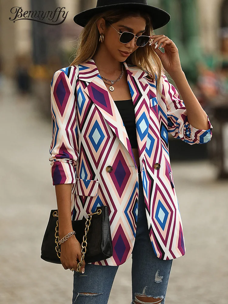 

Benuynffy Geo Print Notched Neck Double Breasted Blazer Women Spring Fall Fashion Long Sleeve Suit Coat Female Casual Suits