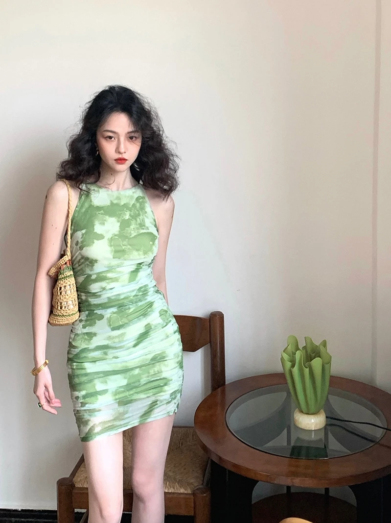 

Women's Green Halo Dyed Pleated Mesh Dress Retro Style Summer New Chic Sexy Female Round Neck Sleeveless Printed Buttocks Skirt