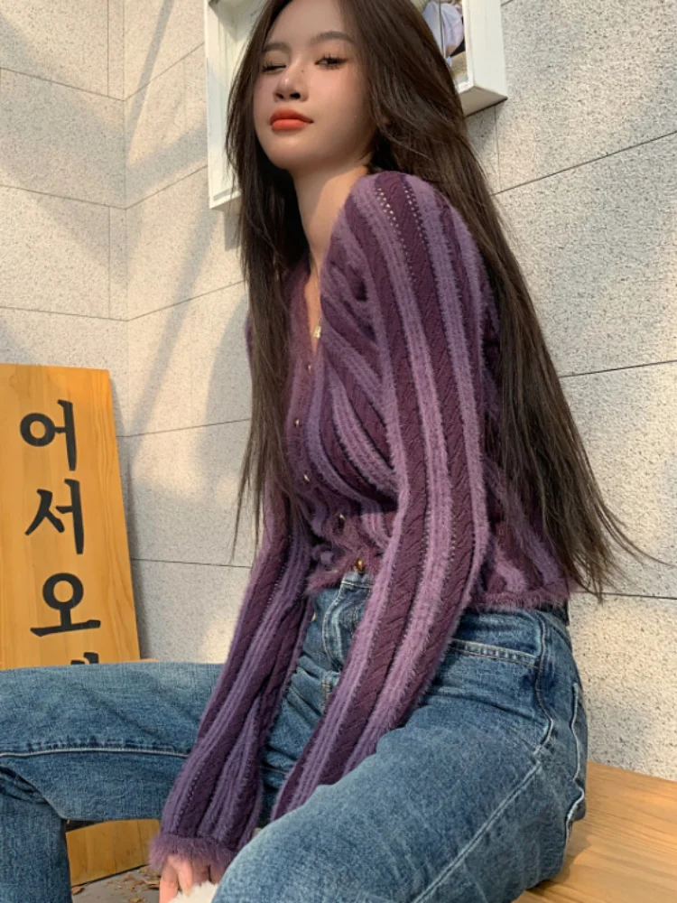 

Женский винтажный кардиган в полоску, элегантный пикантный укороченный Кашемировый Кардиган с длинным рукавом, V-образным вырезом, в японск...