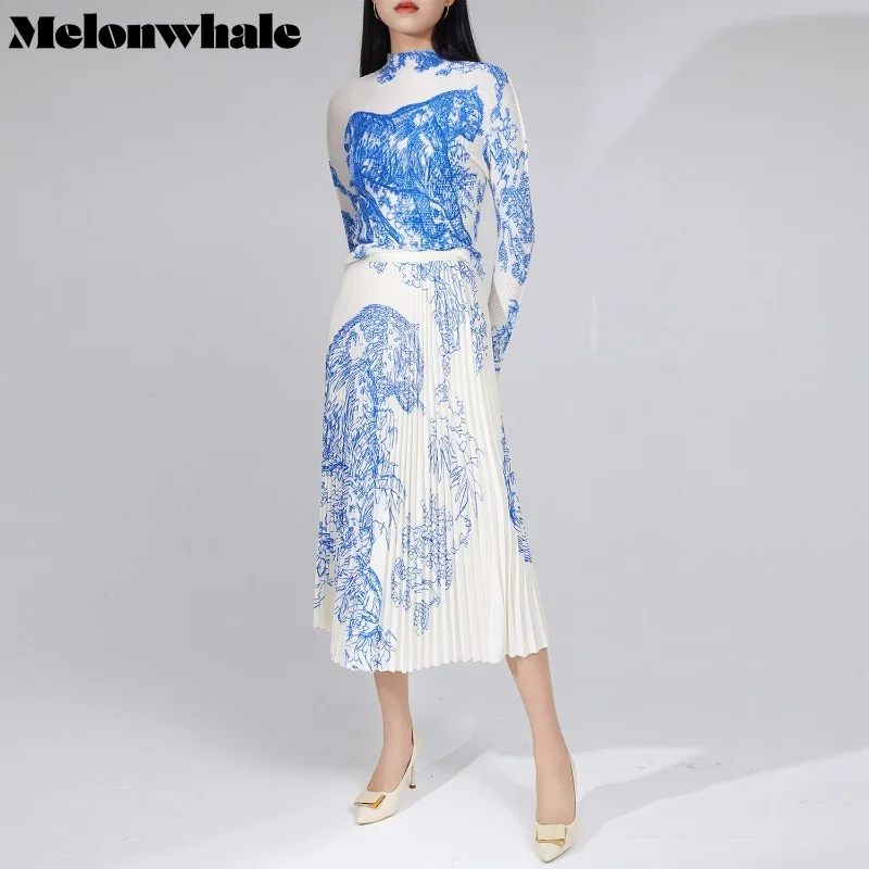 

MelonWhale Miyake Pleated Skirts T-Shirt Set Printed Two Piece Sets Women Casual Elegant Long Sleeve Tops Loose Sun 2023 New
