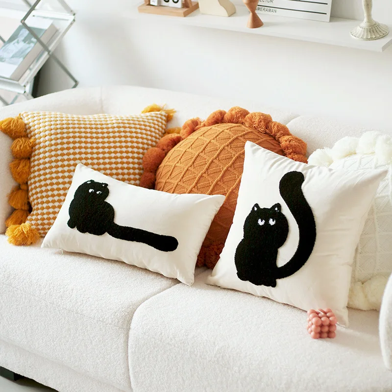 

Knitted Pillowcover 45x45cm/30x50cm Cat Embroidery Cushion Cover Cotton Linen with Tassles for Home Decoration Living Room Retro