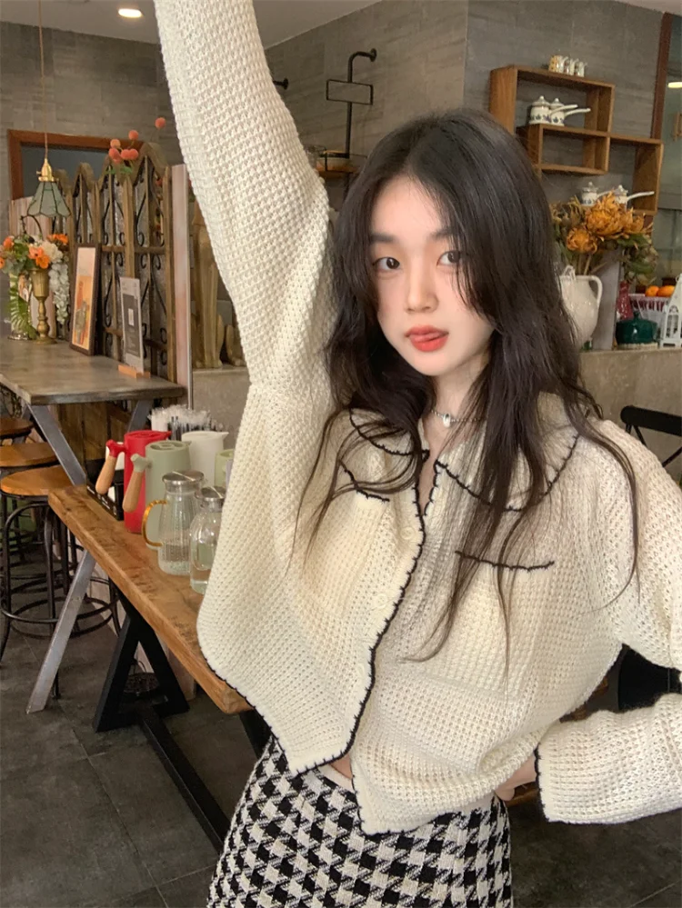 

Korobov Vintage College Style Cardigan Contrast Color Gentle Sweet Sweater Y2k Knitwears New Korean Fashion Sueters De Mujer