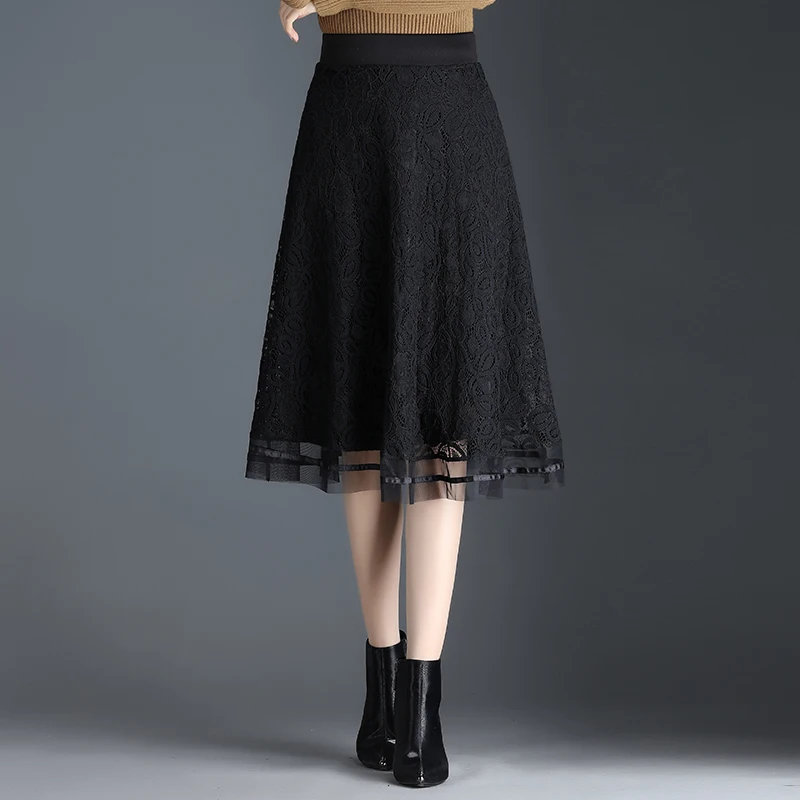 Женская кружевная юбка-трапеция черная плиссированная юбка с высокой эластичной
