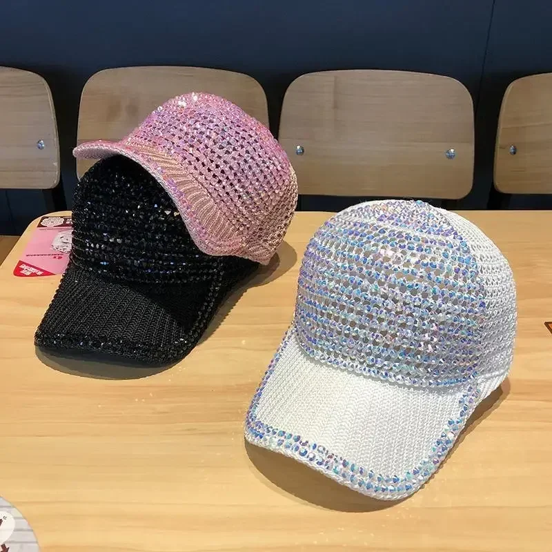 Женская шляпа со стразами летняя дышащая солнцезащитная бейсболка вязаная