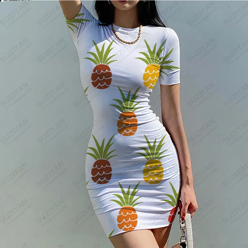 

2023 Summer New Women's Dress 3D Printed Fruit Strawberry Temperament Sexy Hawaiian Style Women's Tight Round Neck Short Sleeve