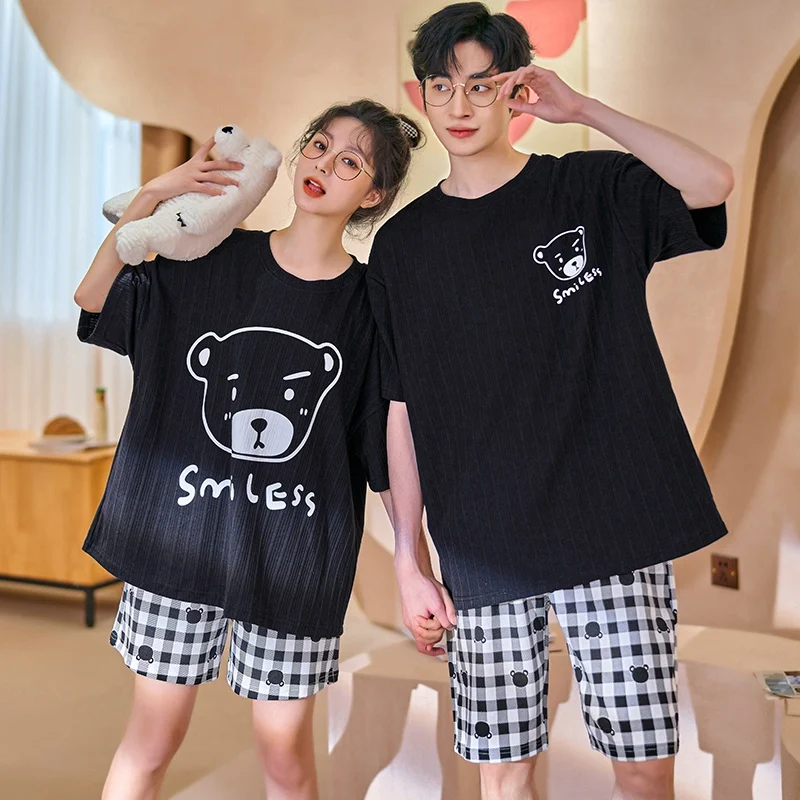 

2022 Summer Couple Cotton Short Sleeve Shorts Pajama Sets for Women Cute Cartoon Sleepwear Suit Pyjama Homewear Men Home Clothes