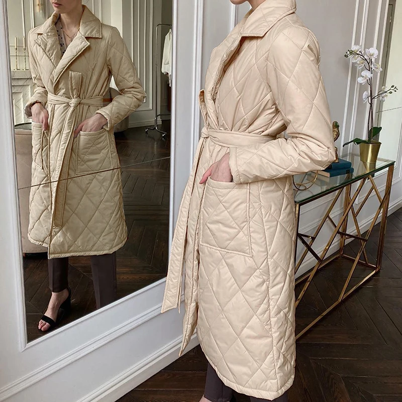 

Bubble Coat Fashion Warm Long Straight Rhombus Women Winter Parkas Casual Sashes Female Parkas Puffer Jacket Pockets Outerwear