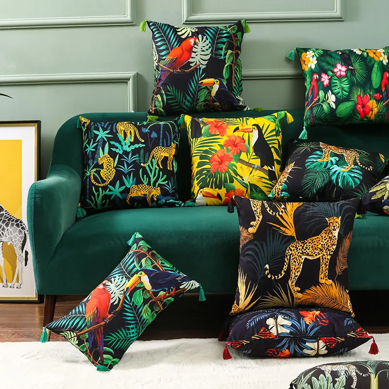 

Наволочка для подушки с принтом тропических растений и животных, наволочка для подушки с кисточками, декоративная наволочка, зеленая летня...