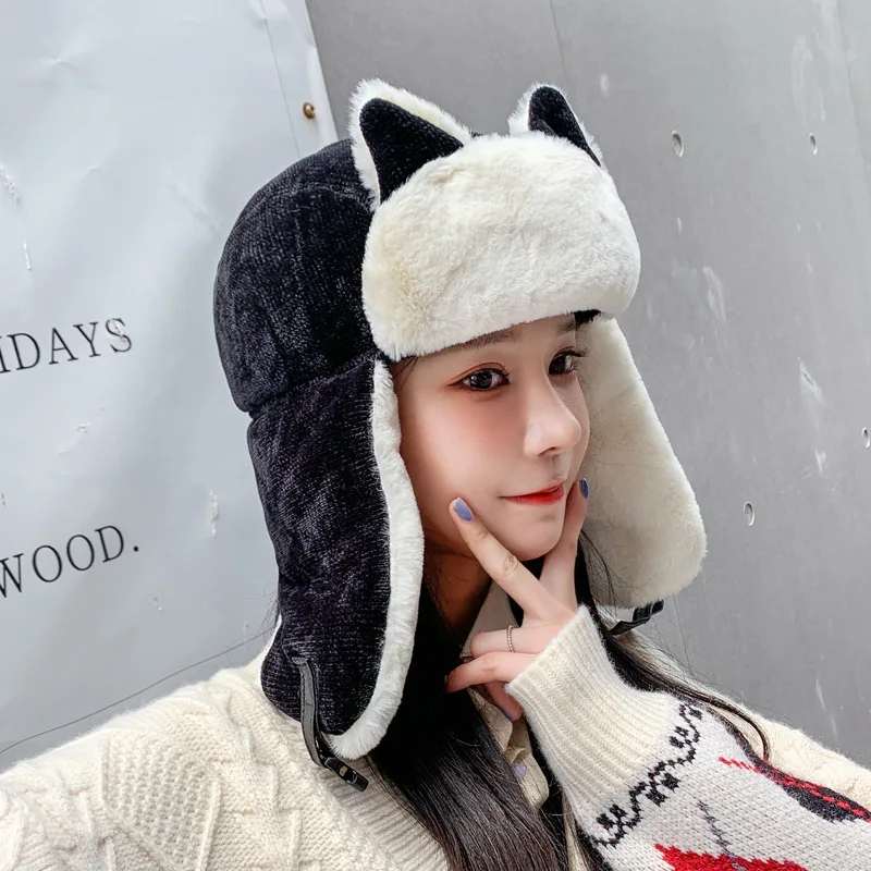 

Cat Ears Lei Feng Hat Female Korean Version Plus Velvet Autumn Winter Cycling Windproof Hats Cold Ear Protection Warm Cotton Cap