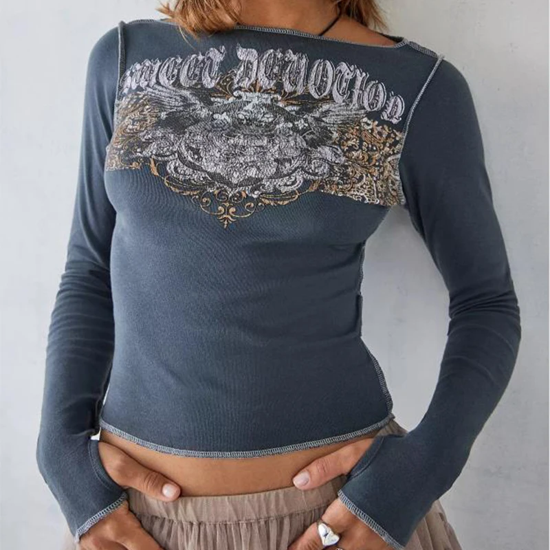 

Gaono Vintage Print T-shirt 00s Retro Gothic Graphic Long Sleeve Crew Neck Tee Women Harajuku Aesthetic Crop Top y2k Streetwear