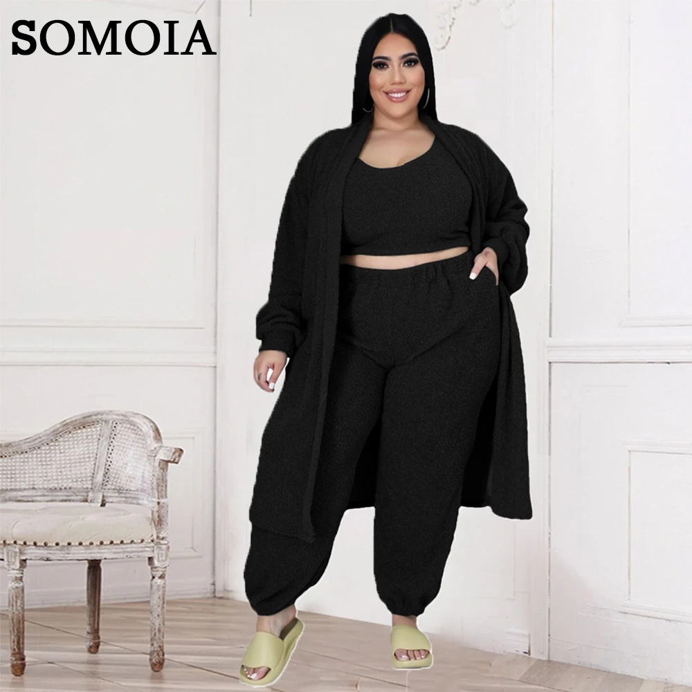 

Plus Size Women's Clothing Winter Polar Fleece Warm Three Piece Sets Sport Vest Home Wear Matching Set Solid Color Casual Outfit