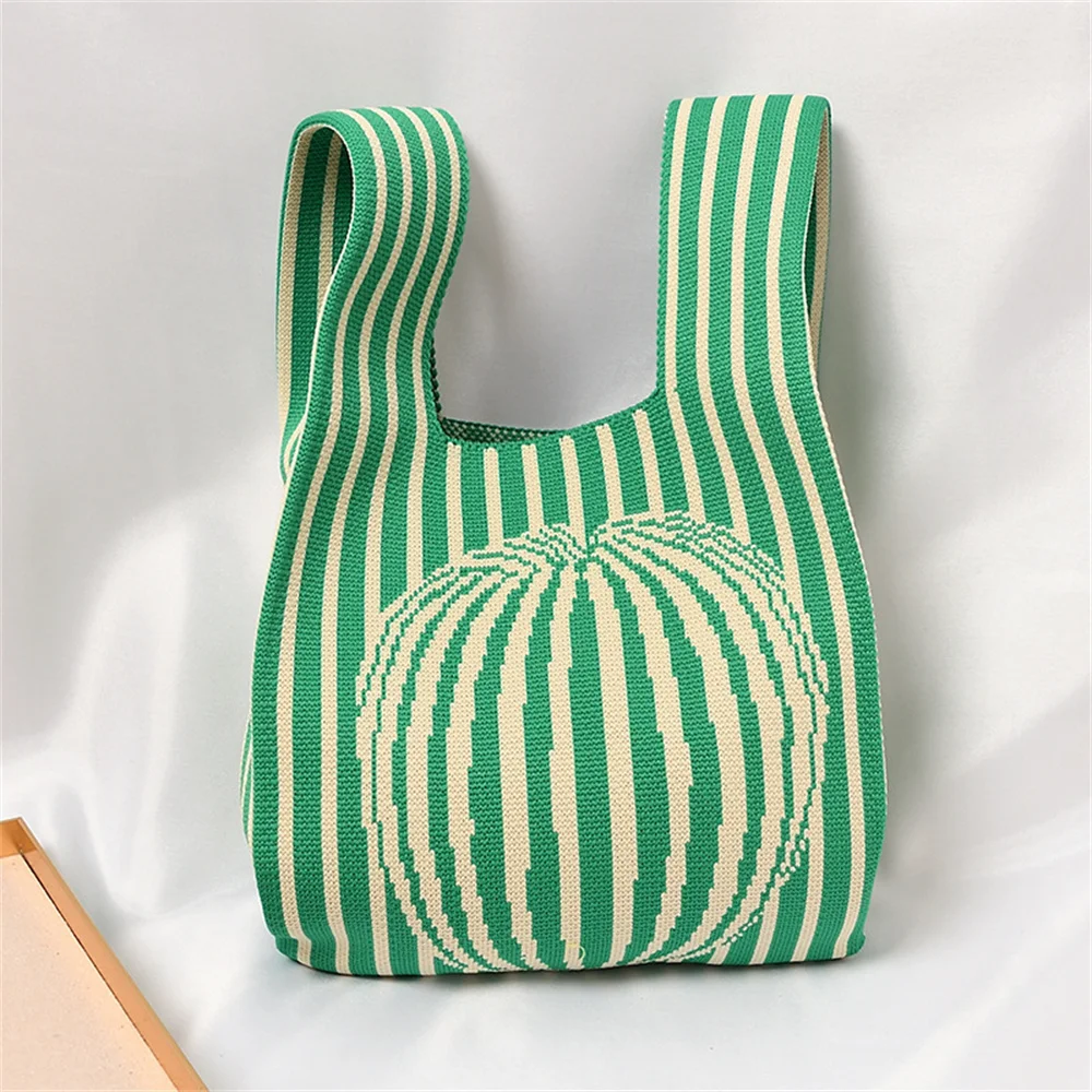 

New Geometric Pattern Knitted Bag Japanese Thin Stripe Plaid Tote Bag Women Casual Color Handbag Keys Purse Handle Bag 2023