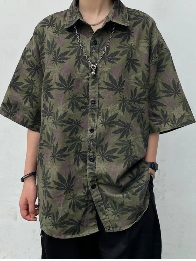 Men Summer Weed Print Shirt Hawaiian Beach Blouse Button Up Cardigan Tops Punk Grunge Clothes Streetwear Hip Hop Clothing
