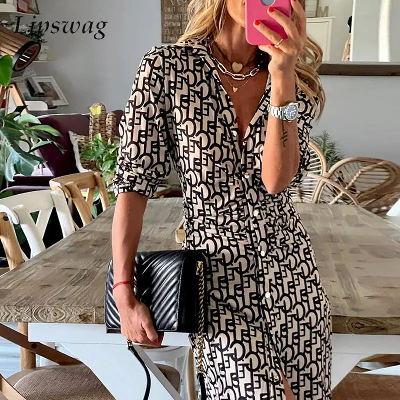 

Элегантное офисное женское платье-рубашка с разрезом, модное однобортное Платье с принтом, универсальные облегающие длинные платья с отлож...