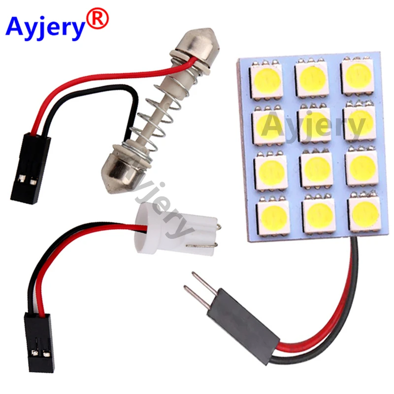 

AYJERY 100pcs Dome Panel led 12 SMD 5050 Panel LED 12SMD Car Interior Roof Reading light 12V White With Festoon T10 2 Adapters