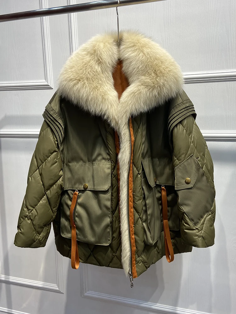 Women Winter Thick Real Fox Fur Collar Goose Down Parka Jacket Oversize Winter Parka Jacket