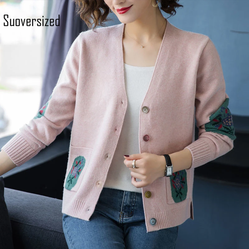 

Suoversizd Casual Loose Short Knit Cardigan Women Vintage Single-breasted Sweater Coat With Pockets Spring Thin Knit Jacket