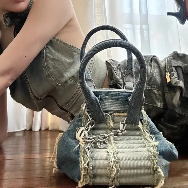 

Y2k Denim Blue Shoulder Bag Punk Handbags Luxury Designer Women Vintage Metal Chain Cool Girls Hundred Tote Underarm Bags