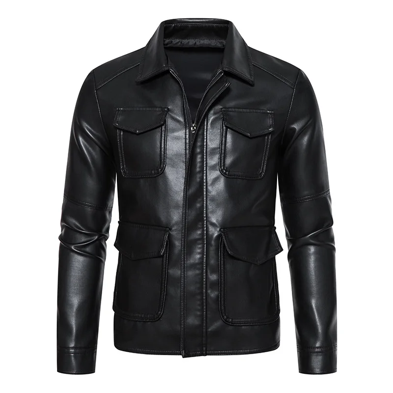Autumn New Korean Fashion Slim Fit Handsome Men's Versatile Polo Collar Cycling Leather Jacket Business Punk Rock Top