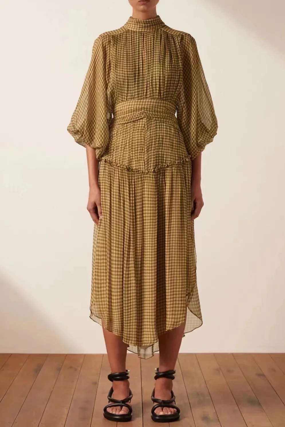 2022 Early Autumn Women Plaid Slim Waist Lace-up Side Slit Vintage Irregular Midi Dress