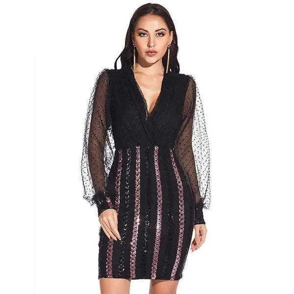 

Womens Clothing Long Sleeve Dress Sequins V Neck Sexy Nightclub Skirt