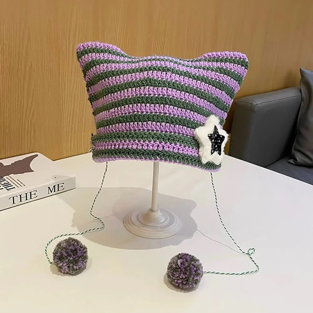 Вязаная шапка-бини с кошачьими ушками цвета в ассортименте