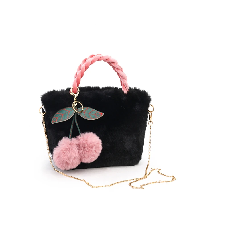 Cherry Fluffy Bags For Women 2022 Chains Plush Tote Bag Black Soft Furry Bags Luxury Designer Handbag  Solid Fur Shoulder Bags