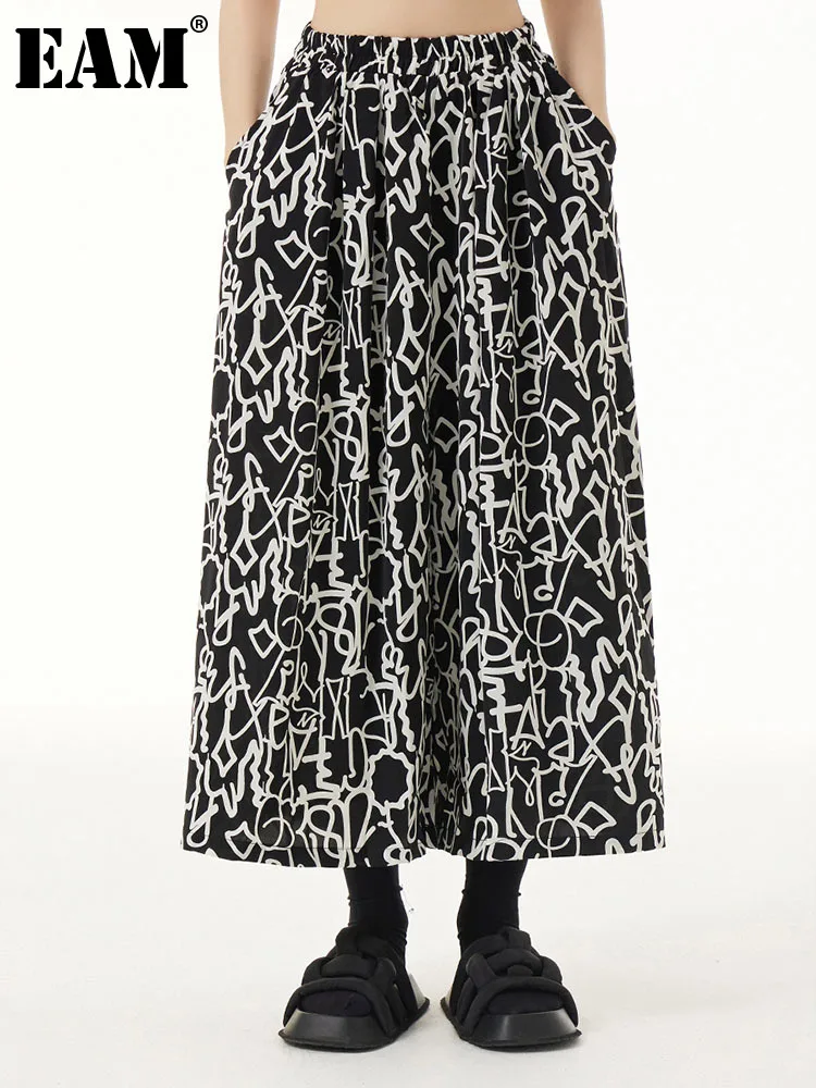 

[EAM] Women Black Pattern Print High Elastic Waist Wide Leg Pants New Loose Trousers Fashion Tide Spring Summer 2023 1DF9585