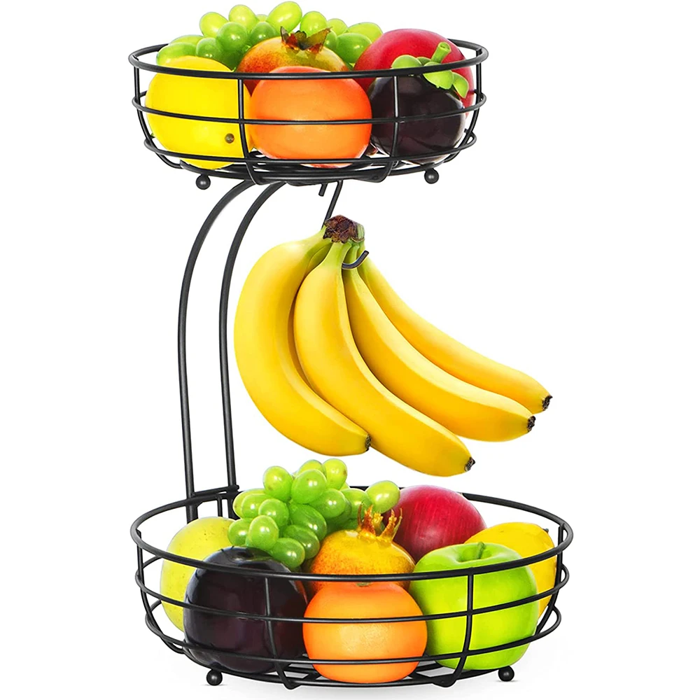 

Tabletop Hook Bowl Banana Large Detachable Tray 2-layer Flounce Capacity Fruit Basket Basket Vegetable Fruit Black And With