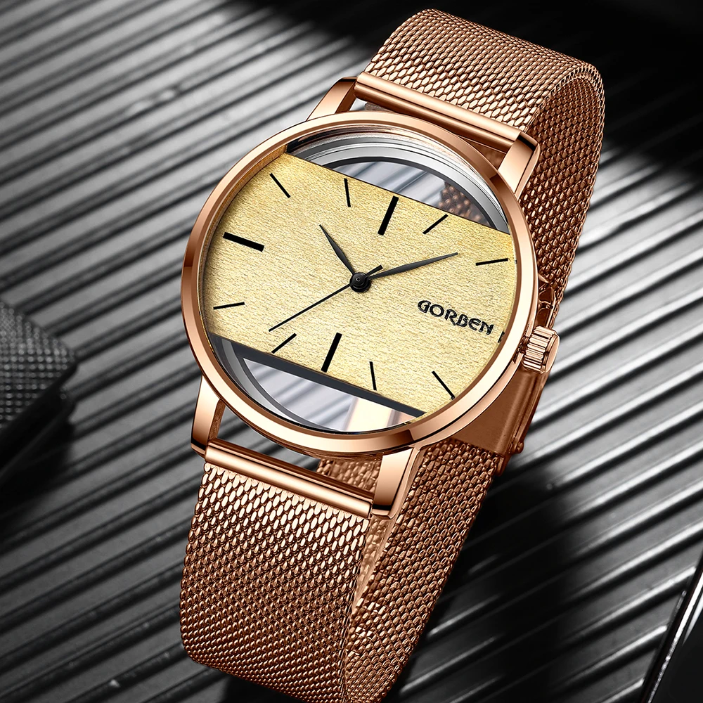 Fashion Couple Watches Simple Quartz Watch Men's Full Stainless Mesh Strap Transparent Dial Sport Ladies Clock relogio masculino