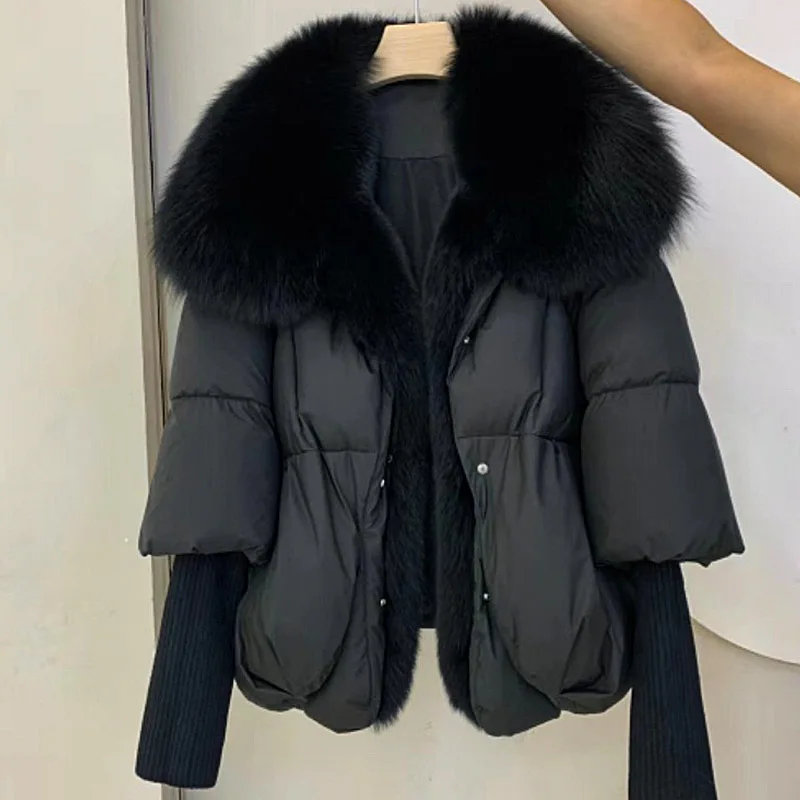 FURTJY Winter Women Fashion Girl's Real Fox Fur Collar Raccoon Fur Collar Down Jacket Loose Oversize Real Fox Fur Down Jacket