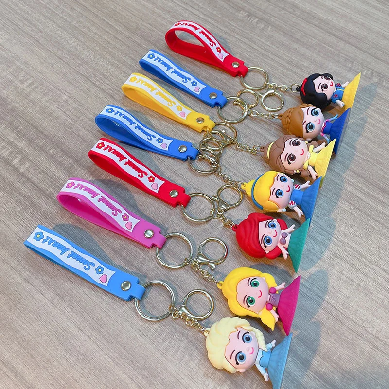 

Disney Snow White Frozen Ariel Belle Keychain Anime Figure PVC Pendant princess Keyring Car Bag Key Holder Decoration