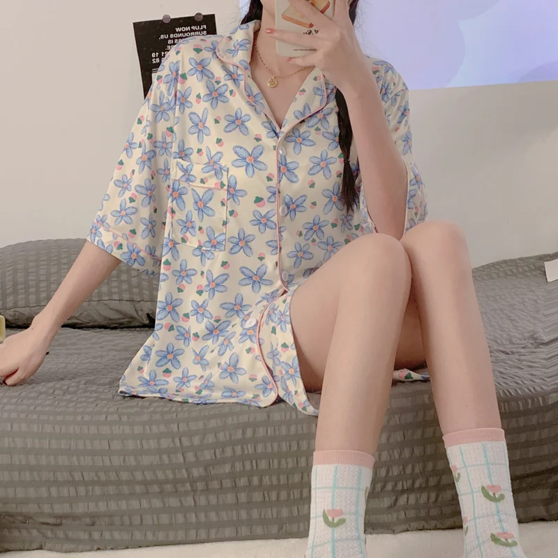 Cartoon Pajamas Set Casual Sweet Sleepwear For Women Pink Elastic Pyjama Women's Fashion Short Cute Homewear Clothes Big Size