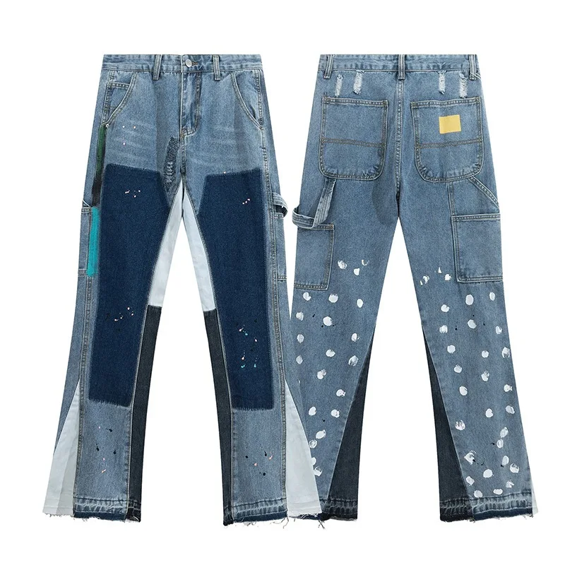 

2023 Vintage High Street Men's Jeans Inkjet Splicing Washed Trousers Flared Pants Men's And Women's Same Style Hip Hop