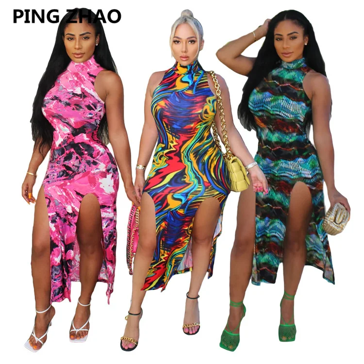 

Женское платье-жилет с высоким разрезом, V-образным вырезом и принтом