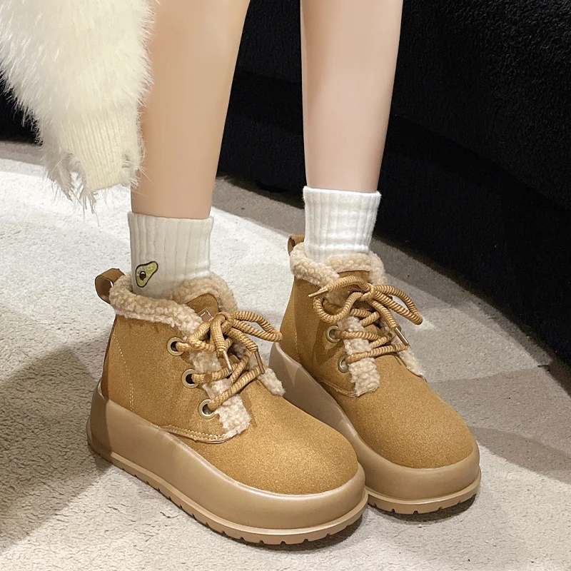 

Ankle Fur Women Flats Platfrom Warm Snow Boots Walking Casual Suede Brand Shoes 2024 Winter New Short Plush Botines Para Mujer