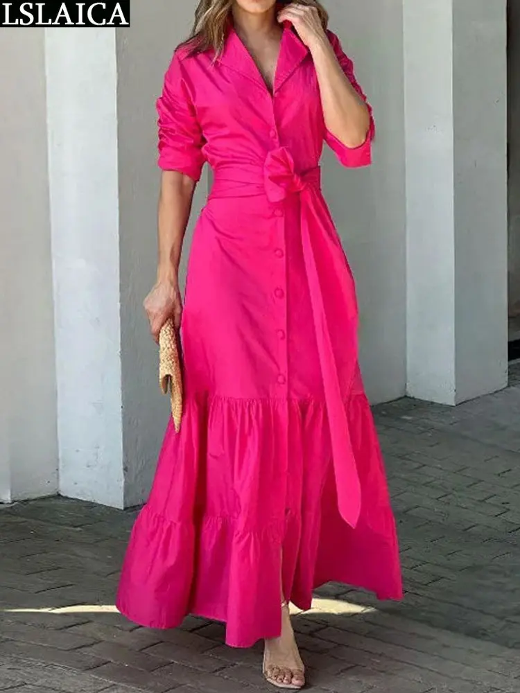 

Hot Sale Casual Women's Shirt Dresses Rose Color Chic Elegant Long Dress Promotion Button Design Clothing Female Summer 2023 New